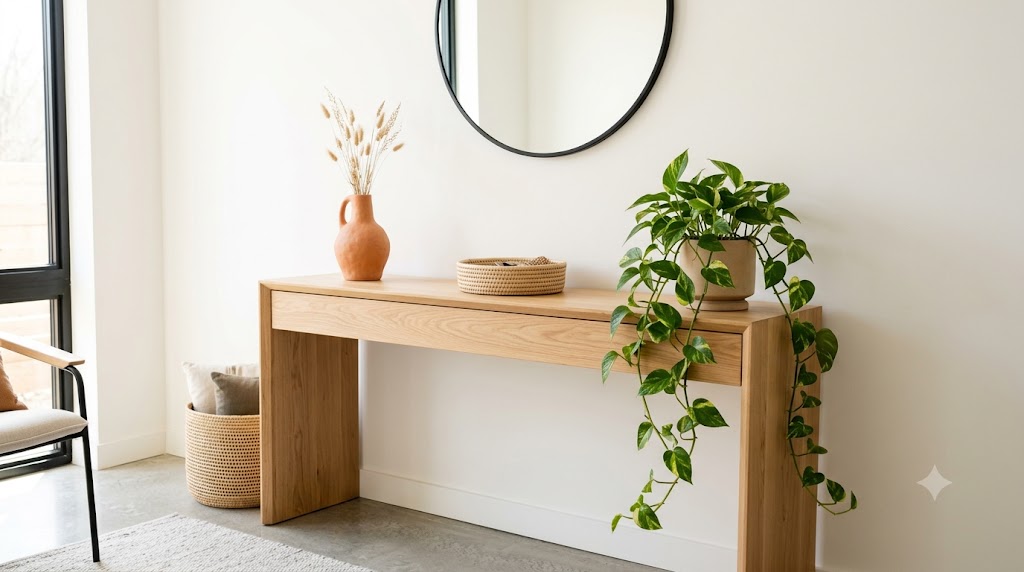 Terracotta and Rattan Console Styling Entryway